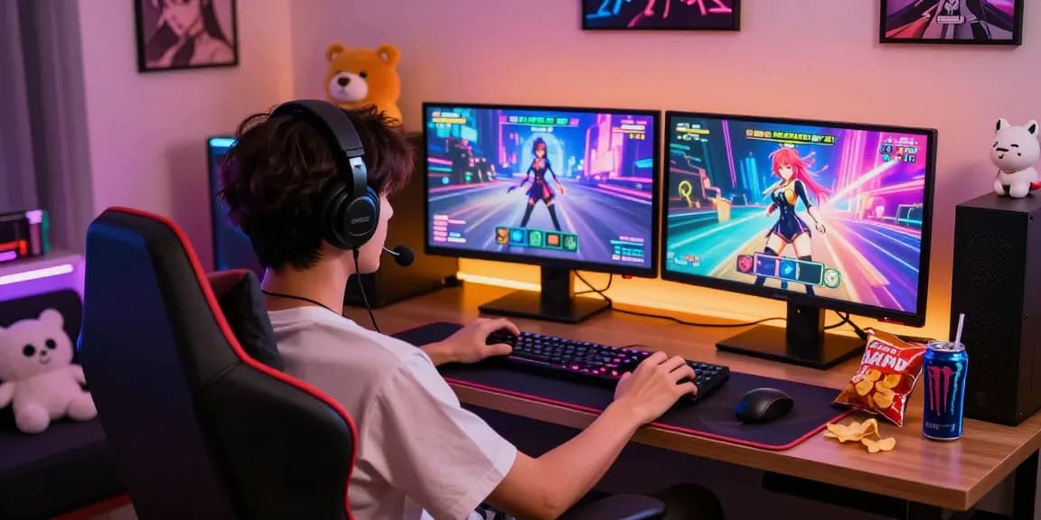 Engaging gamer enjoying a real ecchi game with vibrant visuals and snacks in a cozy setup.