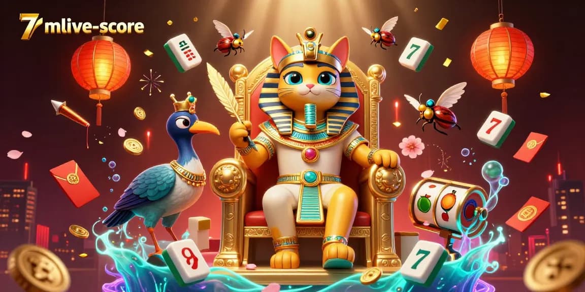 Engage with 7mlive-score in a vibrant casino scene featuring Egyptian characters and dynamic game elements.