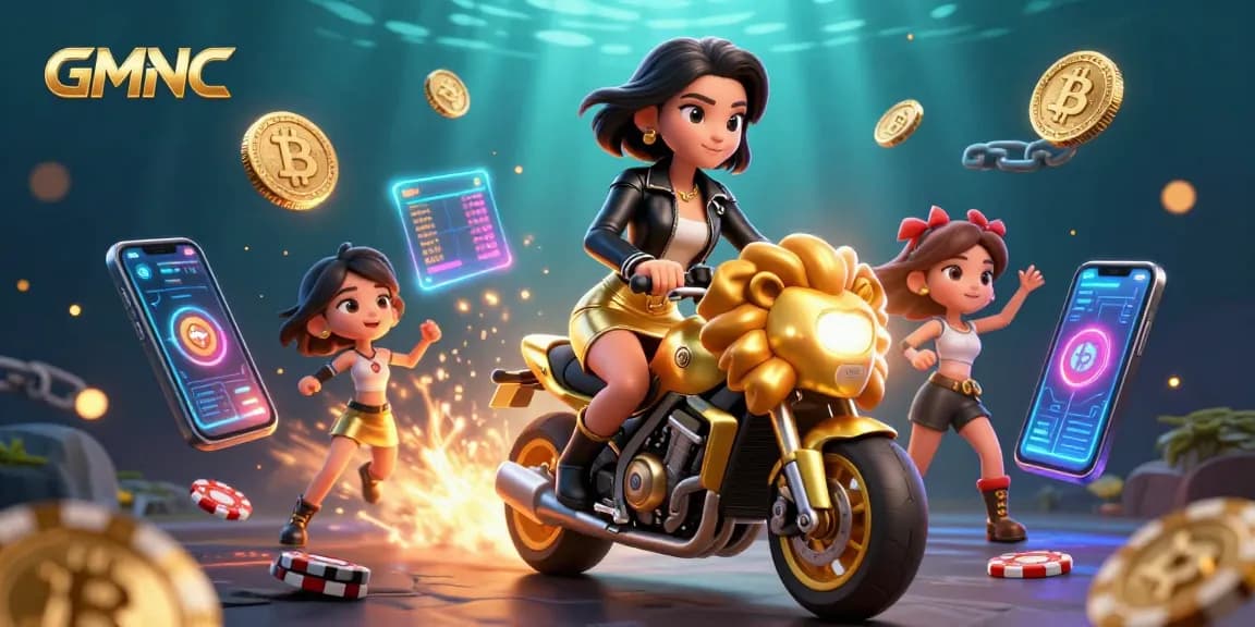 Engage in thrilling action at GMNC with a glamorous Asian character riding a golden lion amidst vibrant casino elements.