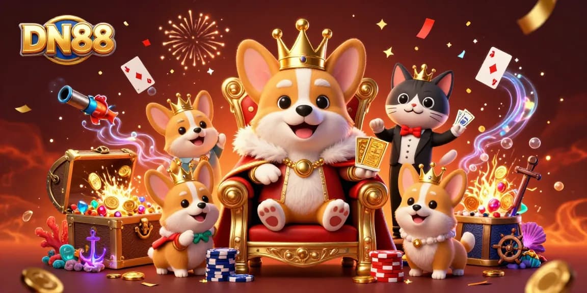 Win big at DN88 with the royal corgi on its poker chip throne, presenting winning cards!