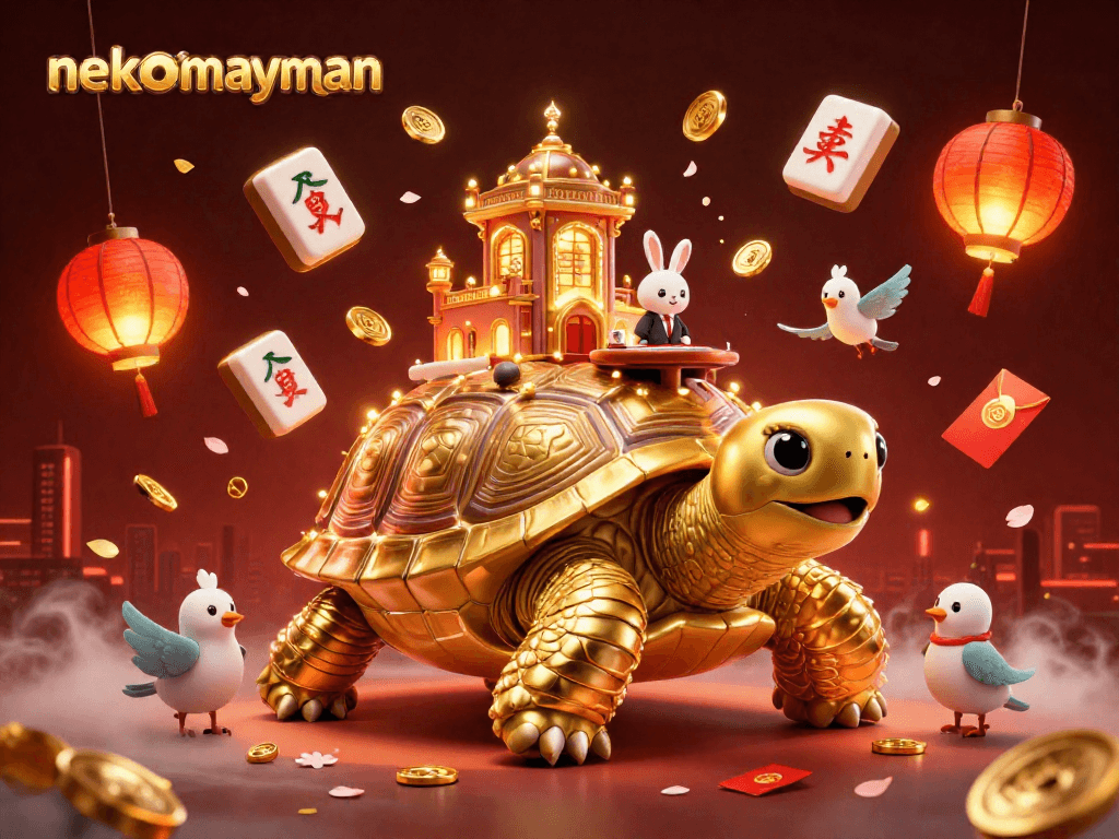 Join the excitement at nekomayman with colorful characters and floating casino elements.