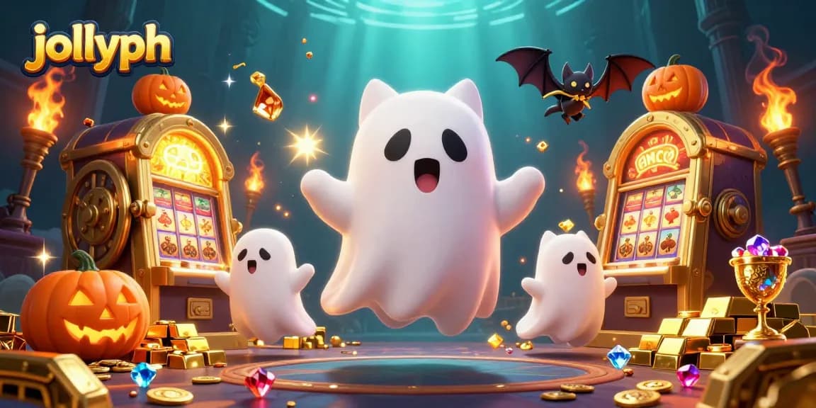 Experience thrilling gameplay with jollyph in a vibrant haunted casino scene bursting with treasures.