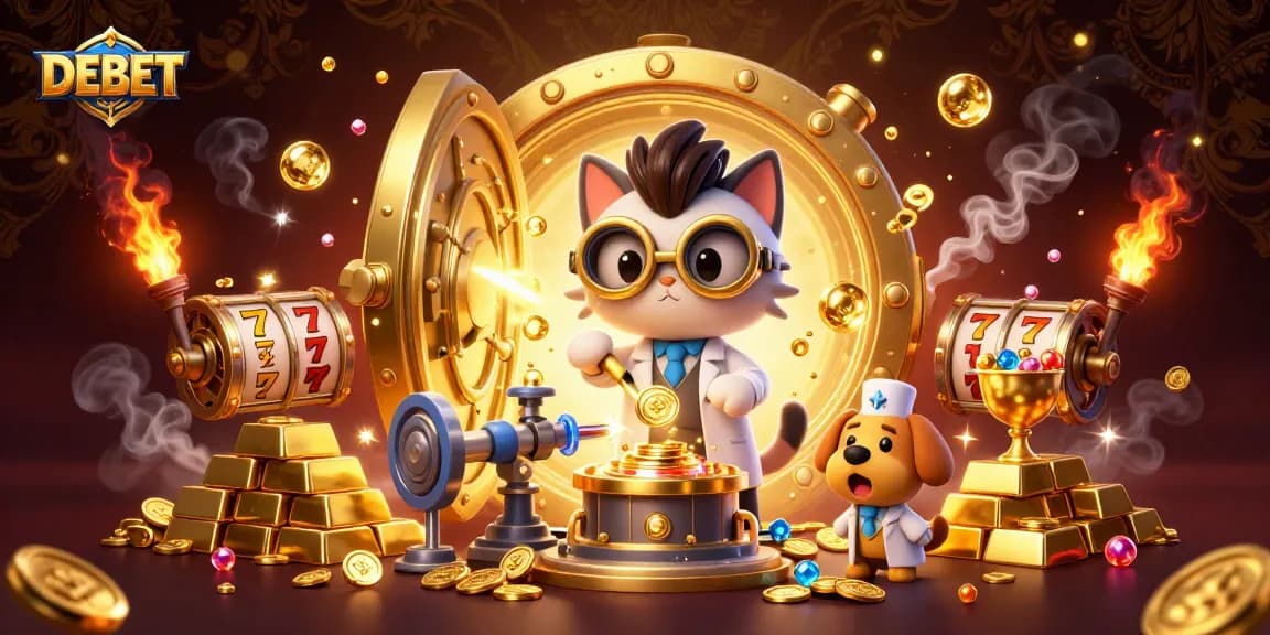 Bet on DEBET with a thrilling casino scene featuring vibrant slot reels and treasures.