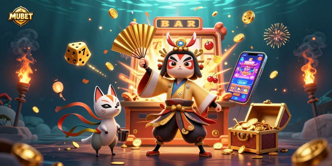 MUBET's spectacular slot scene features a kabuki warrior and kitsune mask amidst golden treasures.