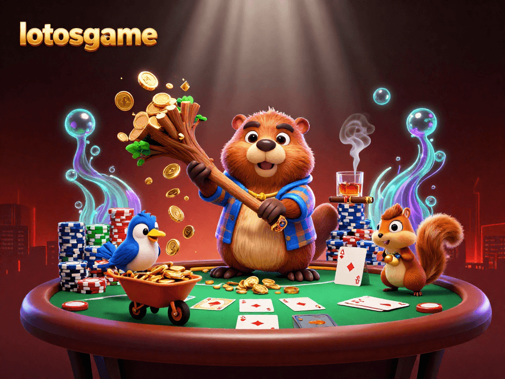 Main characters from lotosgame celebrate winnings at a vibrant online casino scene full of coins and poker elements.