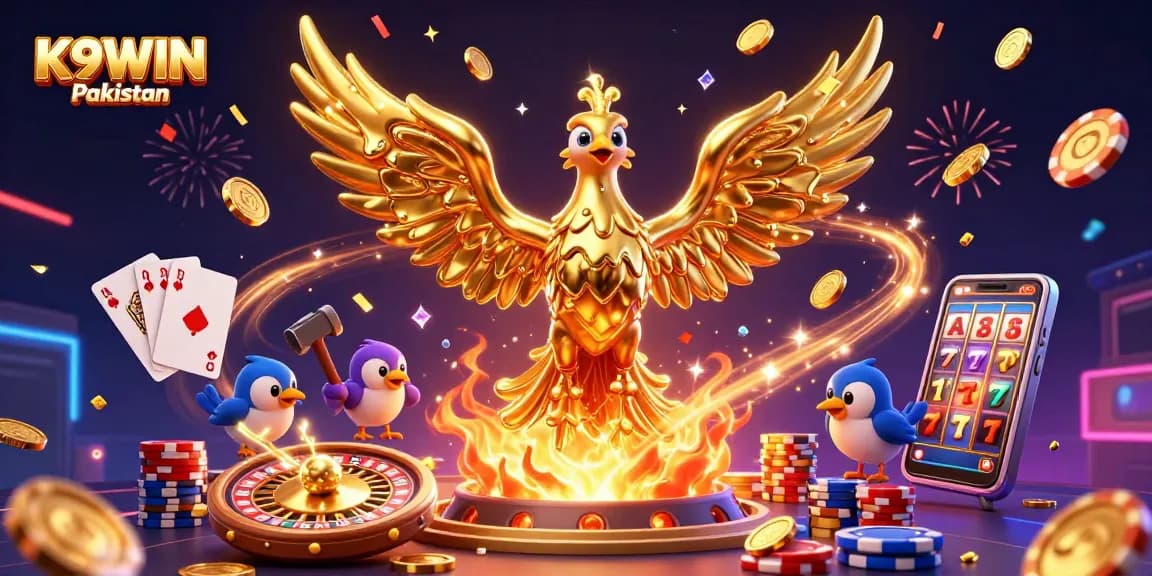 K9WIN Pakistan showcases vibrant casino elements with a golden phoenix, overflowing coins, and dynamic gaming action.