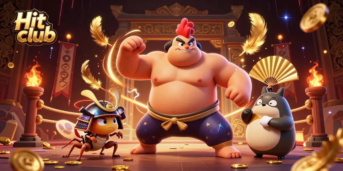 Hit club showcases an energetic scene of a sumo wrestler and samurai cricket in a vibrant gaming arena.