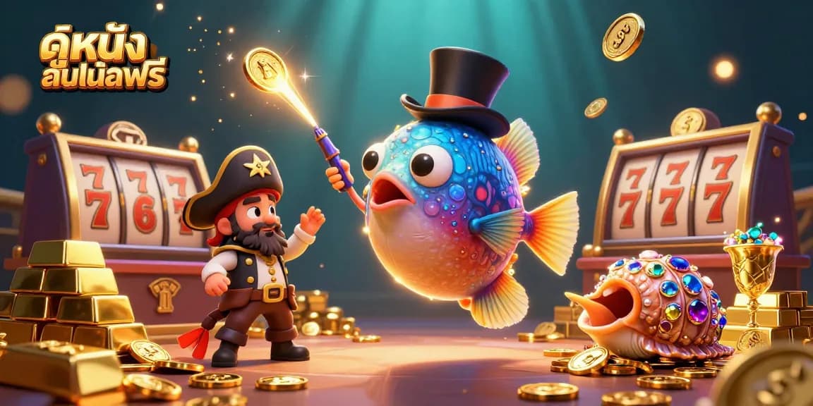 Enjoy ดูหนังออนไลน์ฟรี with a vibrant 3D underwater casino scene featuring a deep-sea anglerfish and treasure elements.