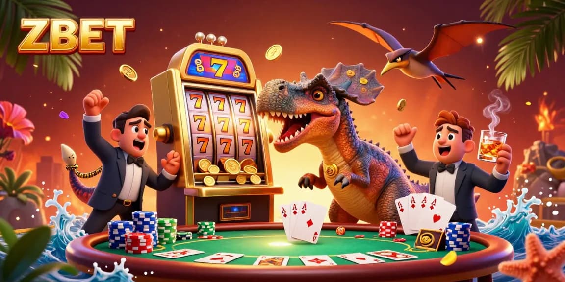 ZBET casino illustration with animated dinosaurs, golden slot machine, and colorful poker elements.