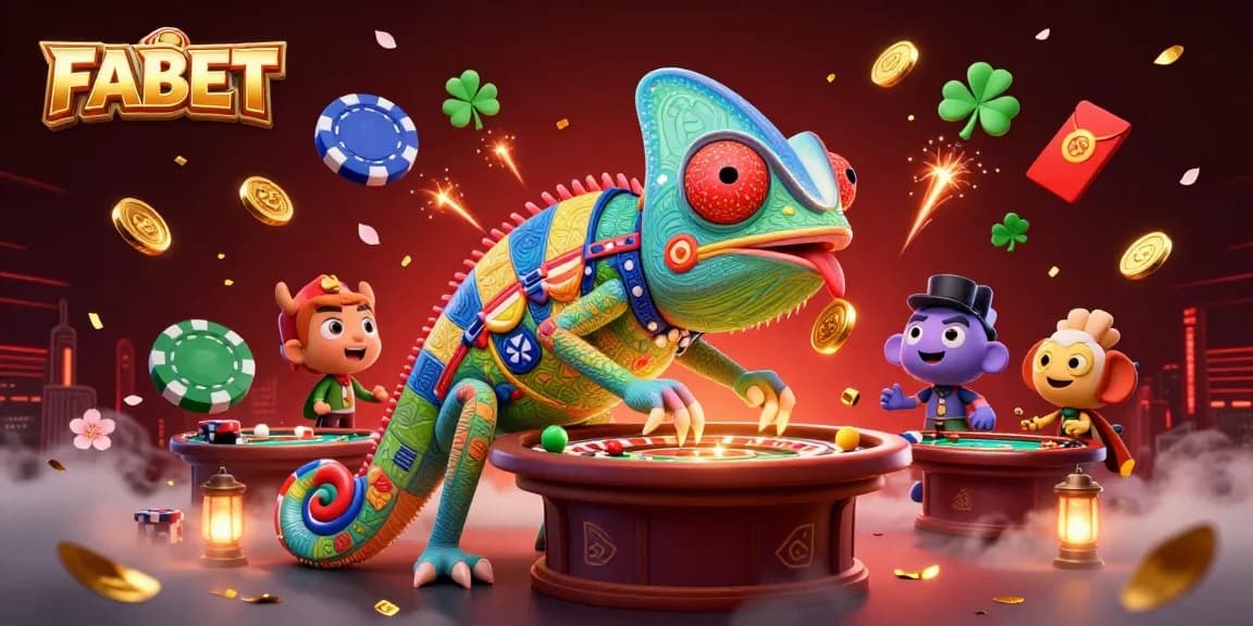 FABET engages players in an exciting casino scene featuring a vibrant chameleon and dynamic gaming elements.