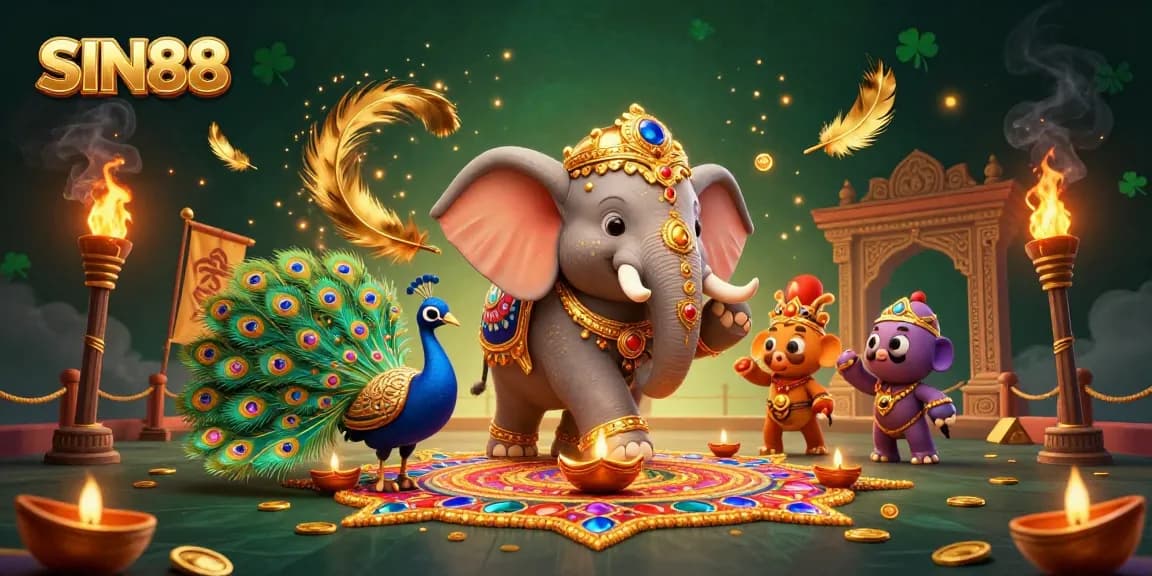SIN88 entices gamblers with a vibrant 3D illustration featuring an ornate elephant and a peacock among stunning casino elements.