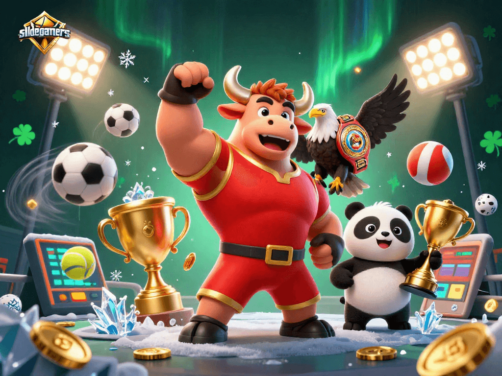 Win big with slidegamers as cartoon characters celebrate amidst dynamic sports betting elements.