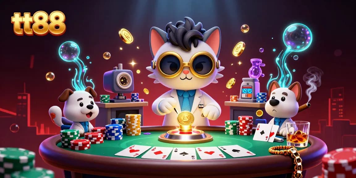 Experience thrilling poker action with tt88 in a vibrant, bustling casino scene filled with golden sparks.