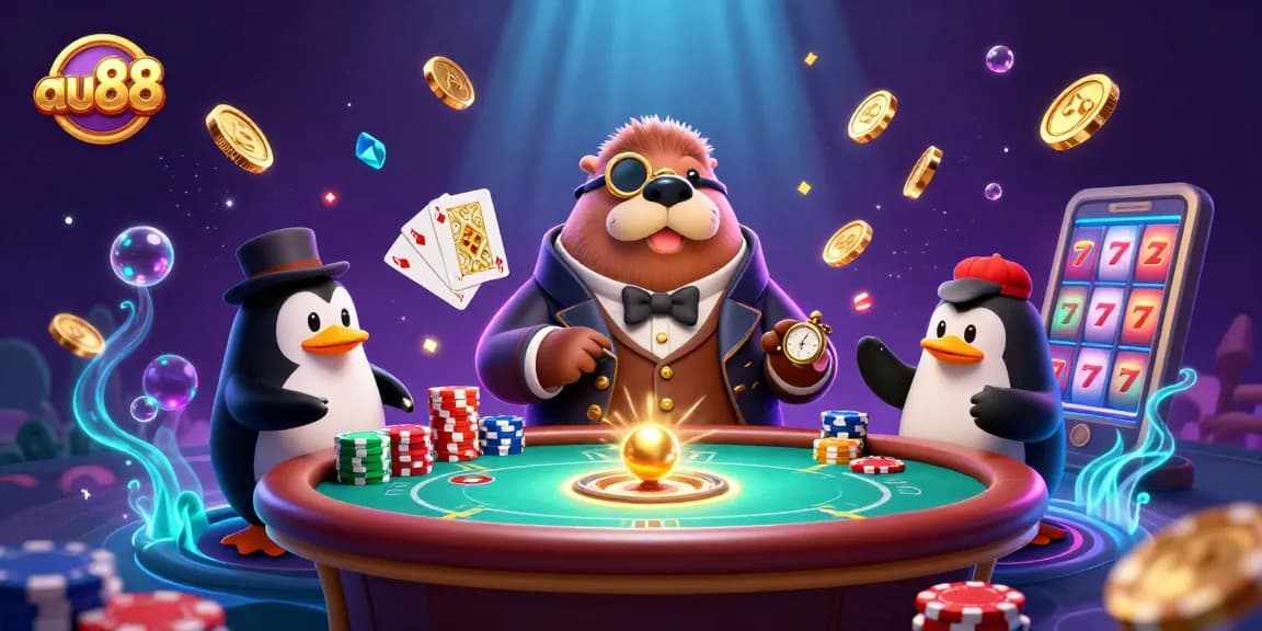Experience the thrill of poker at au88 with a jolly walrus, sophisticated penguin dealer, and pufferfish player.