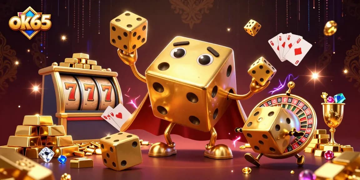 Experience ok65 with dynamic gameplay, featuring slots, dazzling gold treasures, and vibrant casino elements.