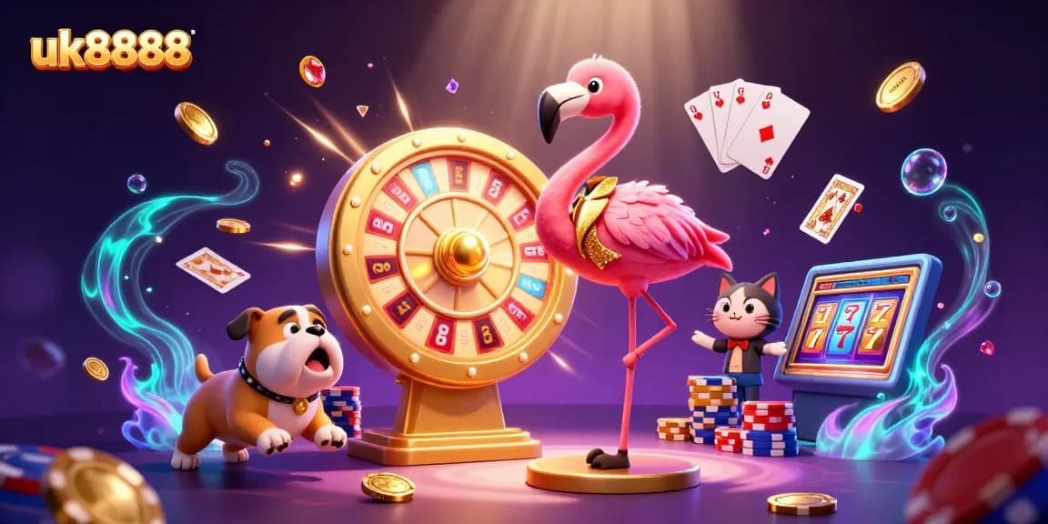 Experience the excitement of uk8888 with a 3D game show scene filled with vibrant casino elements.