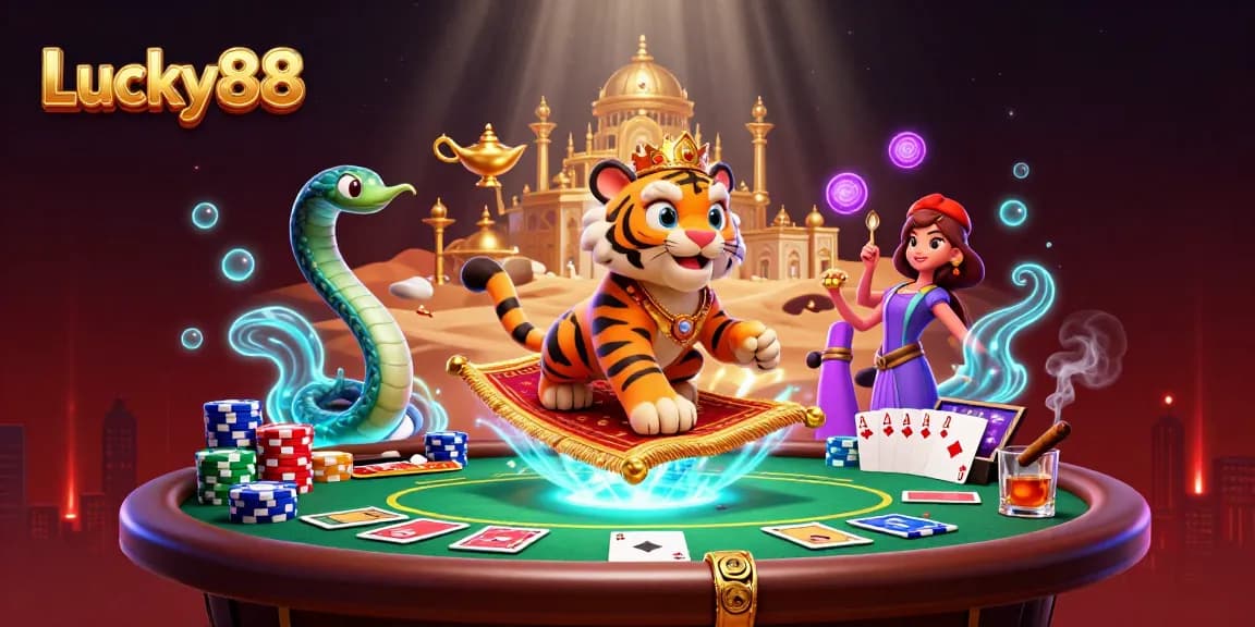 Experience the excitement of Lucky88 with a dynamic casino scene featuring vibrant gambling elements