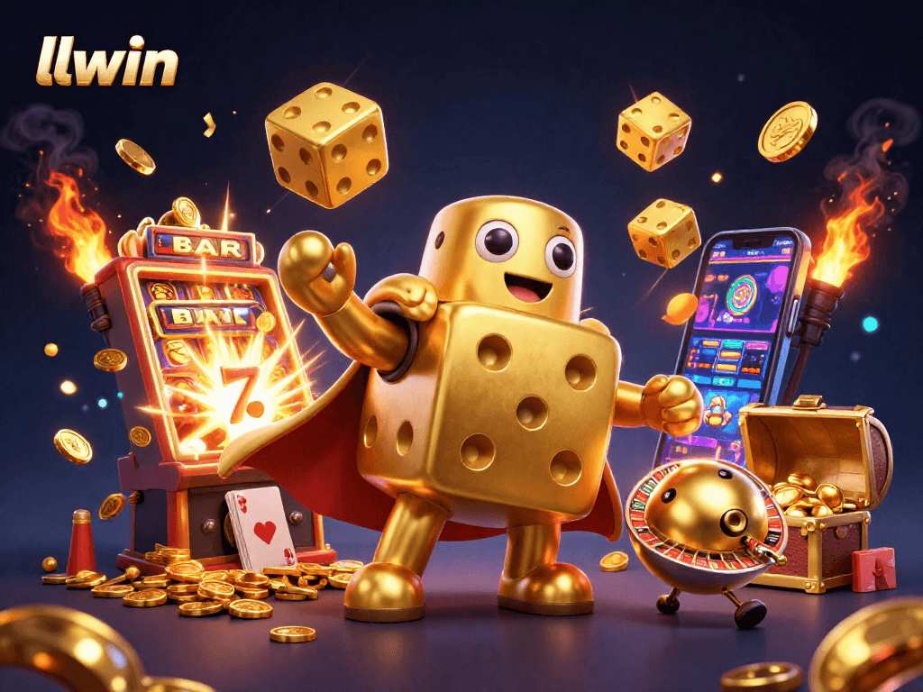 Experience excitement at llwin with a golden dice golem in a vibrant casino scene filled with jackpots.