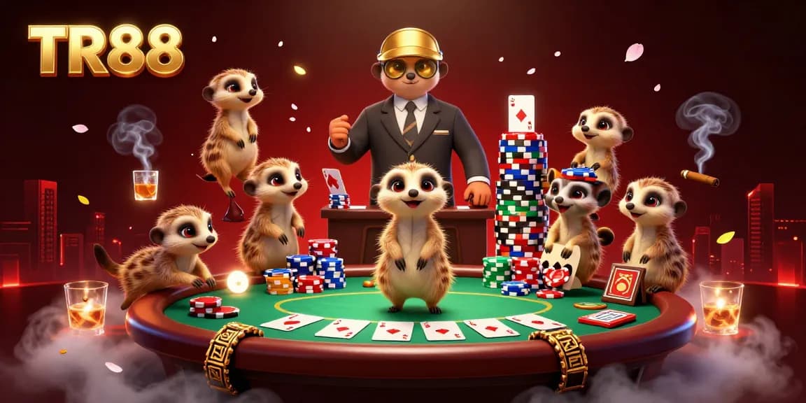 Experience the excitement at TR88 with meerkats orchestrating a vibrant casino scene amidst poker tables and colorful chips.
