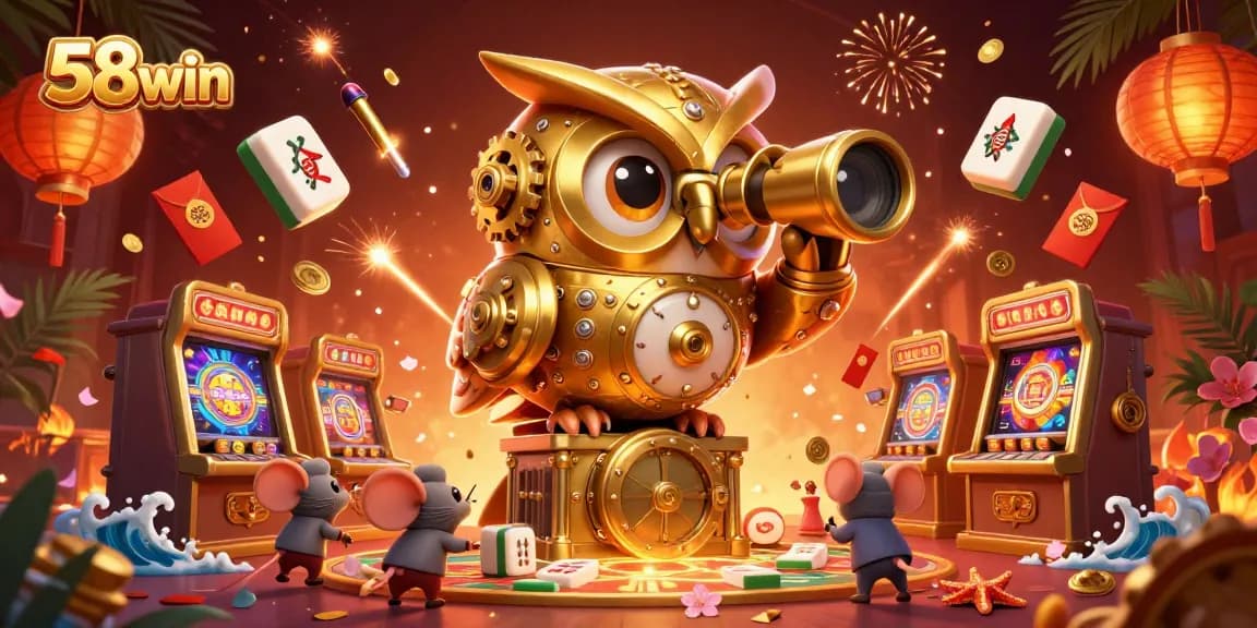Engage with 58win's vibrant casino landscape, featuring a golden owl and bustling mouse patrons.