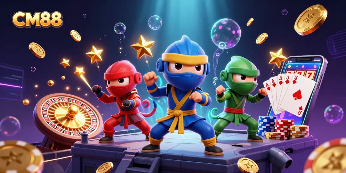CM88 features a ninja chameleon team amidst vibrant casino-themed elements, enhancing the gambling experience.