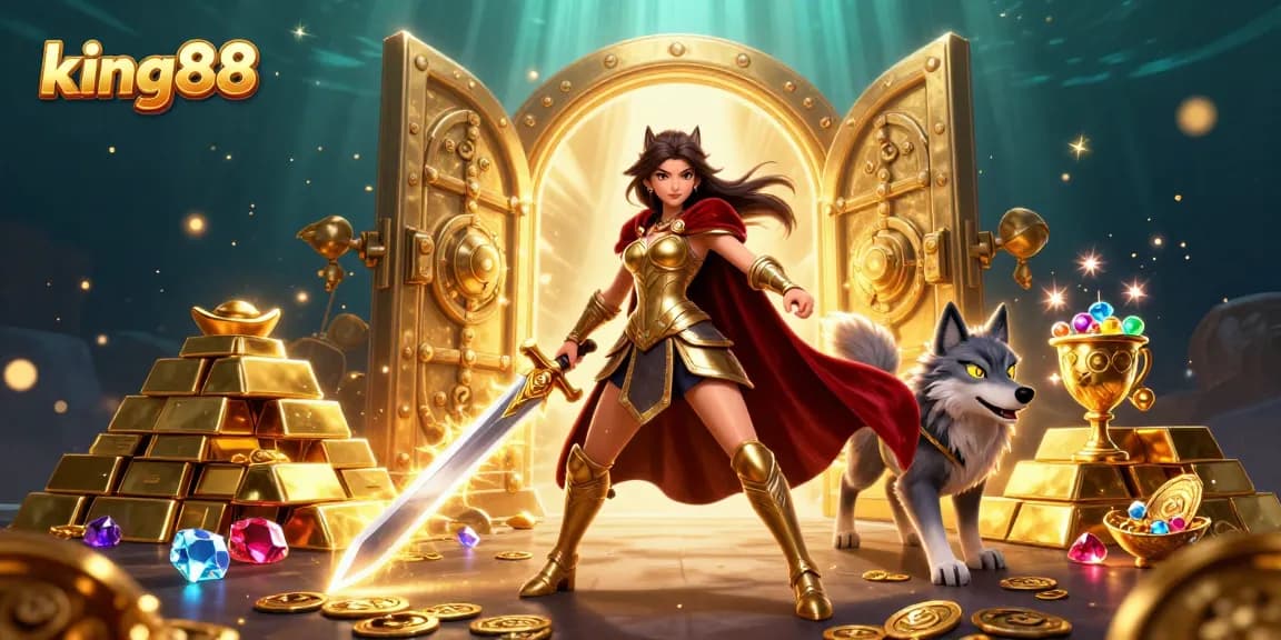 Experience thrilling jackpots with king88 in this vibrant 3D casino scene filled with treasure.