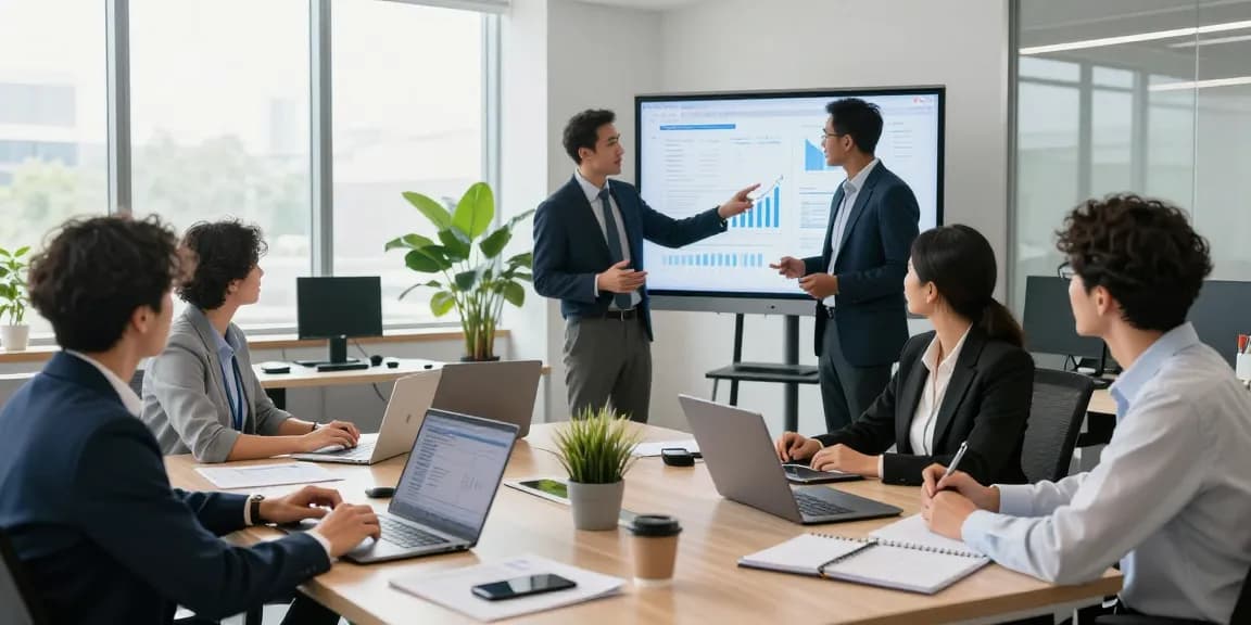 Team of professionals discussing merchant cash advance companies in a modern office.