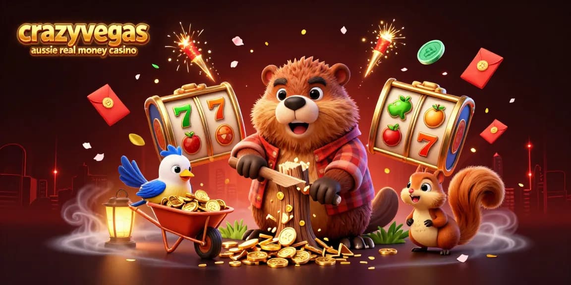 Experience fun at crazyvegas aussie real money casino featuring a playful beaver, gold coins, and slot reels