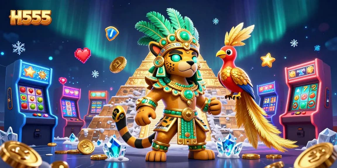 Experience H555 with dynamic slot gameplay featuring stunning illustrations of a Mayan priest and treasures.