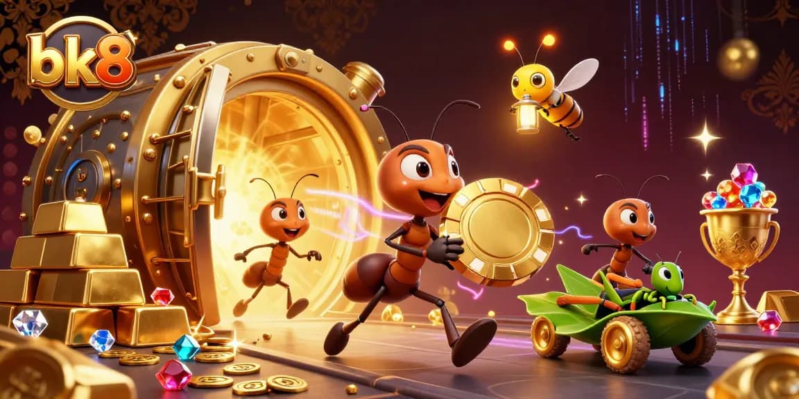 Experience an exciting bk8 heist scene with cartoon ants carrying a giant poker chip through a treasure tunnel filled with jackpots.