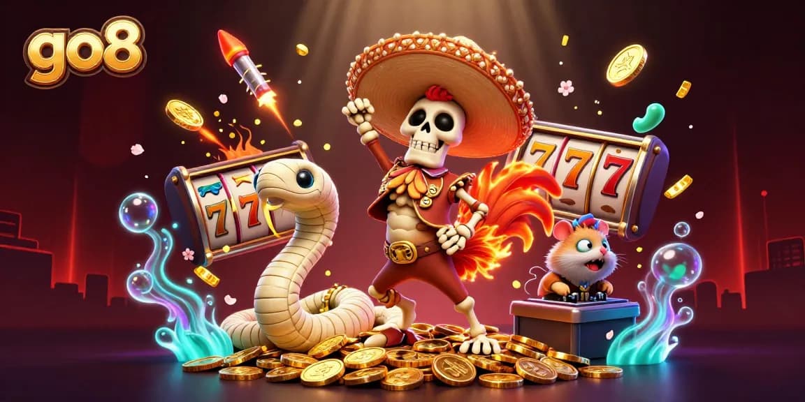 Experience thrilling wins at go8 with a mariachi rooster, lucky slot reels, and vibrant casino elements.