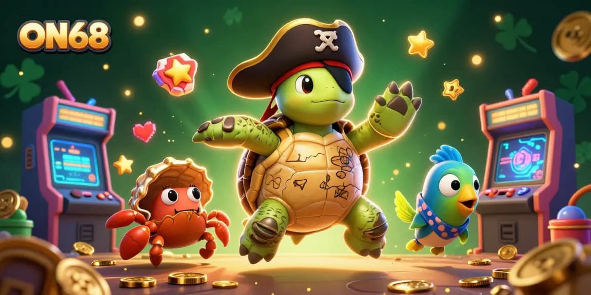 Experience the thrill of ON68 with vibrant characters and game elements in a 3D casino illustration.