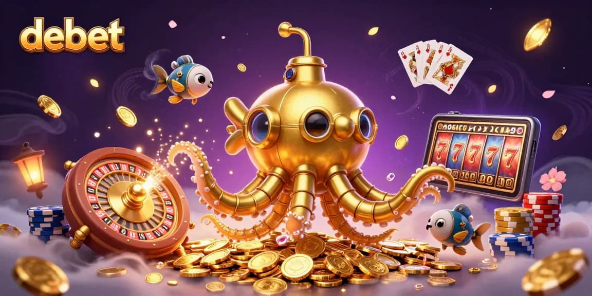 Experience debet excitement with a golden kraken submarine amidst a flurry of casino elements.
