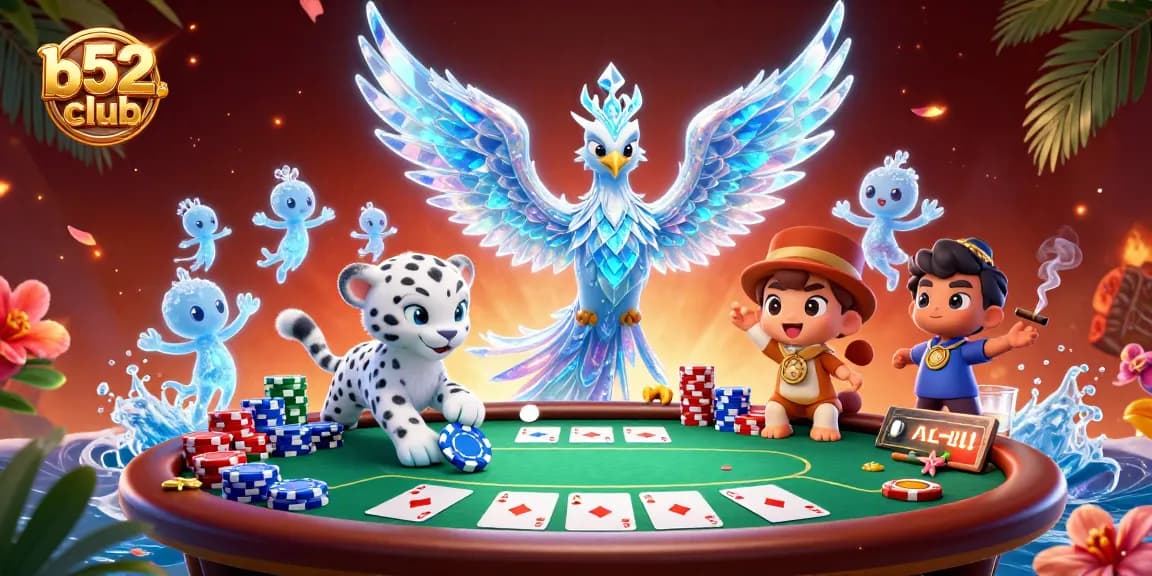 Battle for rewards at b52club with an ice phoenix, poker chips, and lively sprites in action.