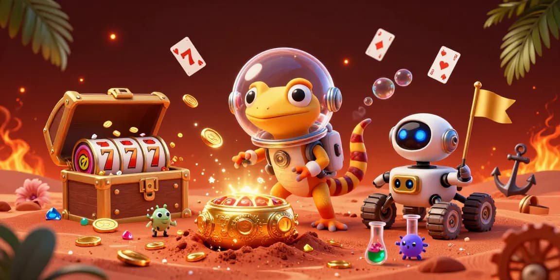 Nổ Hũ jackpot scene with a Martian gecko and rover celebrating a winning casino discovery