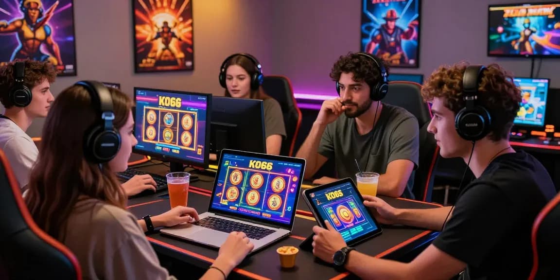 Friends enjoying KO66 online casino games on modern devices in a vibrant gaming scene.