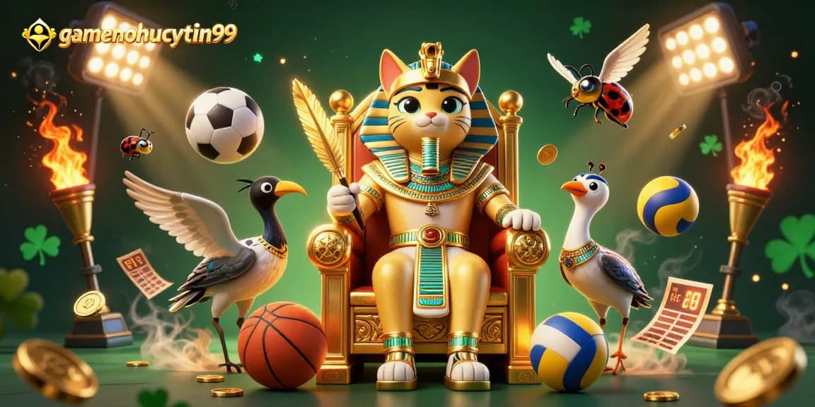 Experience gamenohuuytin99 with a vibrant 3D depiction of Egyptian gaming themes and dynamic sports elements.