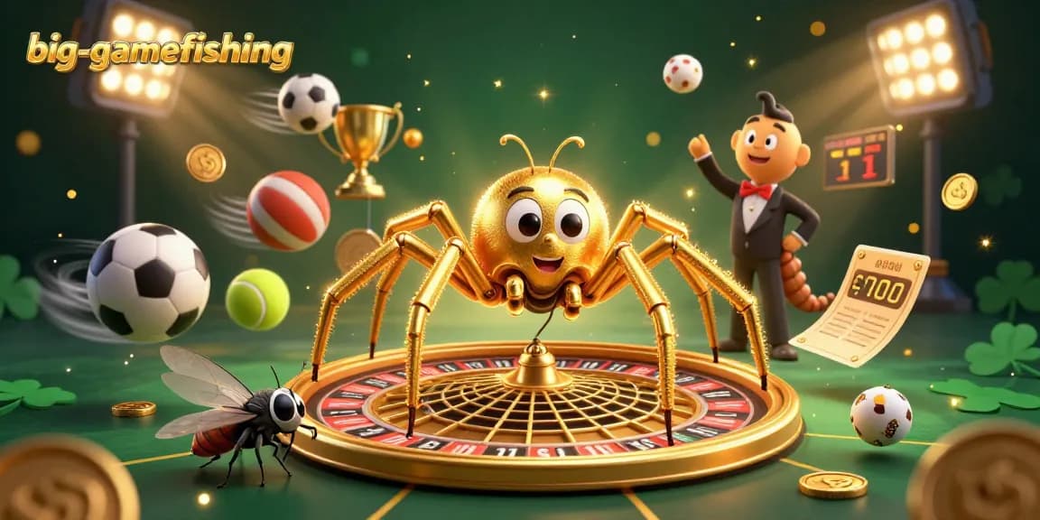 Engage in big-gamefishing betting with a lively scene of a spider spinning a roulette-like web.
