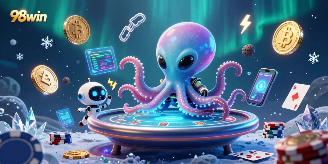 Experience thrilling games at 98win with a vibrant cosmic casino scene featuring a holographic poker table.