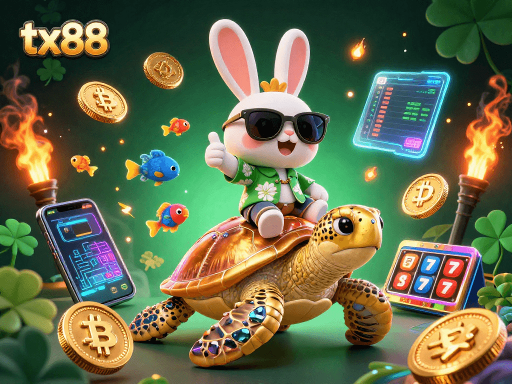 Experience winning with tx88 in a vibrant casino scene featuring a lucky rabbit and golden turtle.