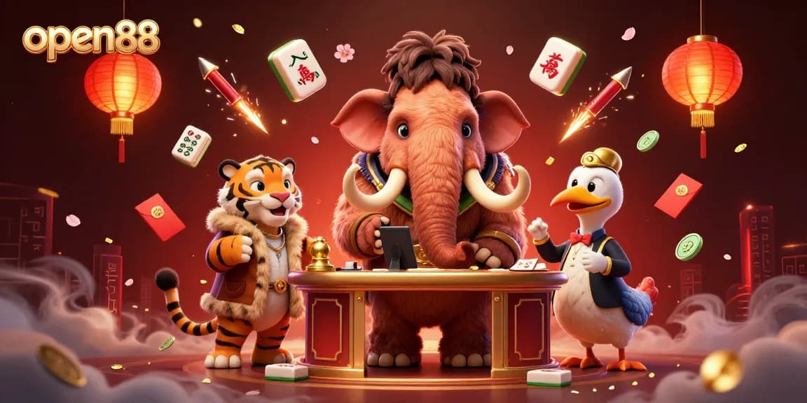 Experience excitement at open88 with a woolly mammoth bouncer, saber-tooth VIP, and a dodo doorman in a bustling casino scene.