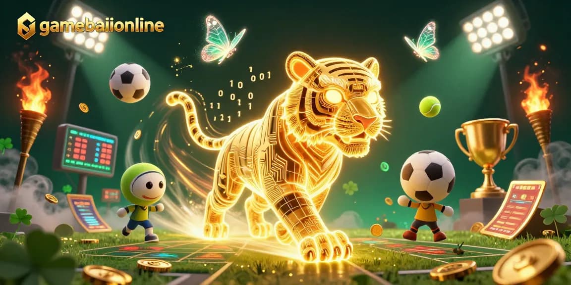 Engage in gamebaiionline's thrilling play as a vibrant golden tiger prowls a dynamic digital casino.