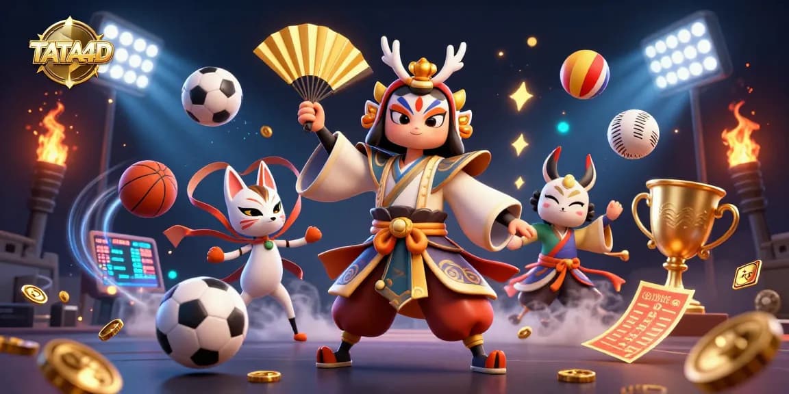TATA4D brings excitement with an elaborate kabuki warrior, sports-themed elements, and dynamic motion in a vibrant casino scene.
