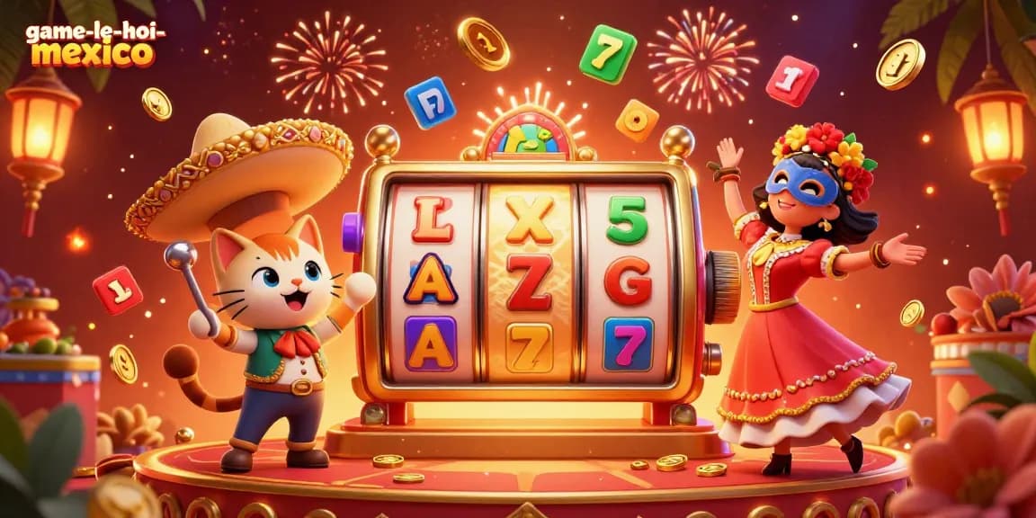Engage in game-le-hoi-mexico with vibrant characters celebrating around colorful slot reels.