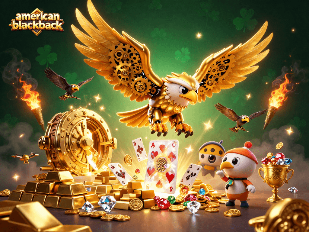 Experience the excitement of american-blackjack with a dynamic scene featuring a golden eagle and flying cards.