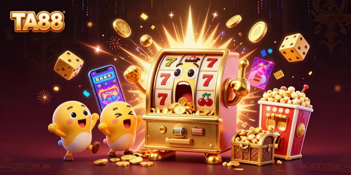 TA88 slot machine hitting a jackpot with coins pouring out surrounded by cheering characters.