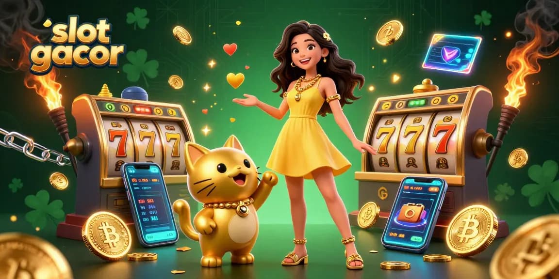 Experience the excitement of slot gacor with our fun 3D illustration showcasing a joyful player with golden lucky cat.