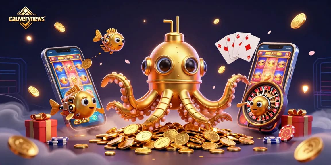Cauverynews showcases a vibrant 3D gaming scene with a golden kraken submarine amidst slot games and poker elements.