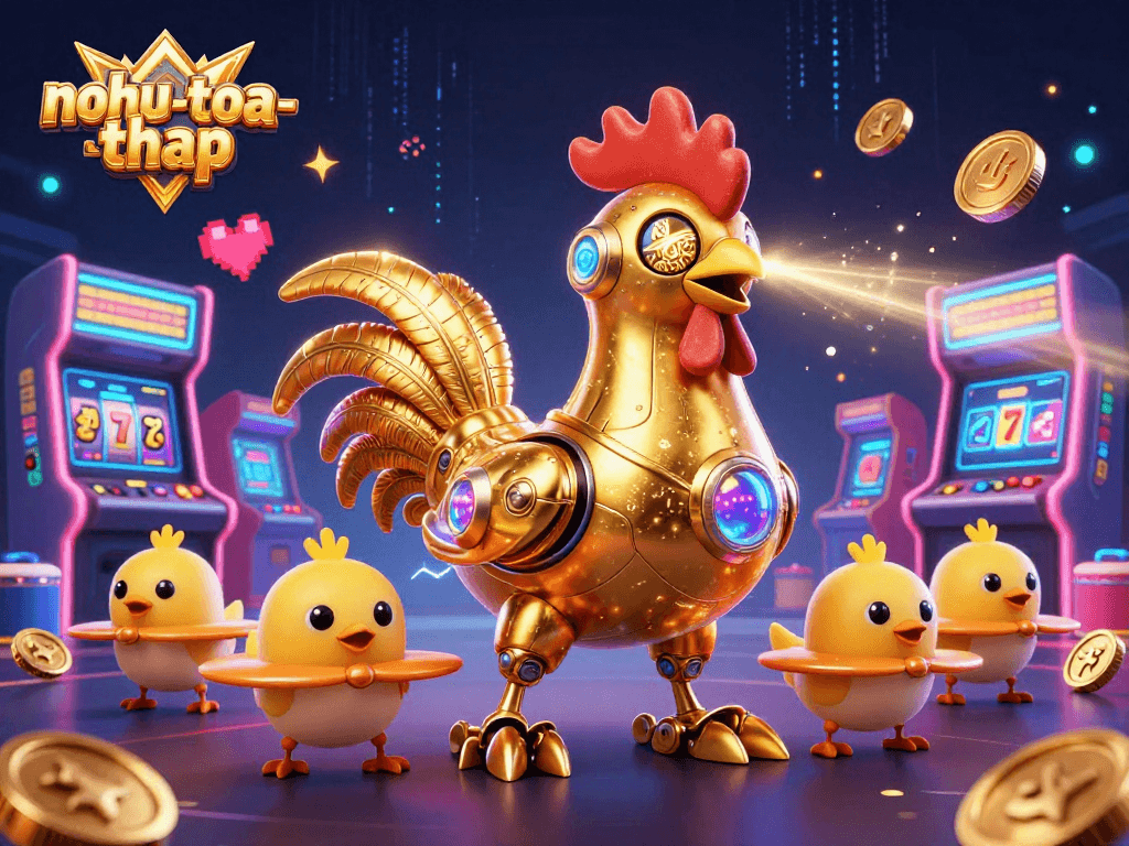 Engage in nohu-toa-thap with vibrant 3D characters, arcade machines, and dynamic casino elements.