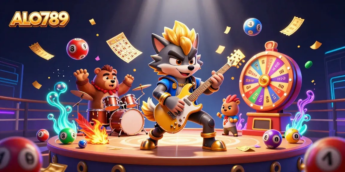 ALO789 showcases an electrifying 3D illustration featuring a rock star wolf shredding an electric guitar amid a wild cockfighting arena.